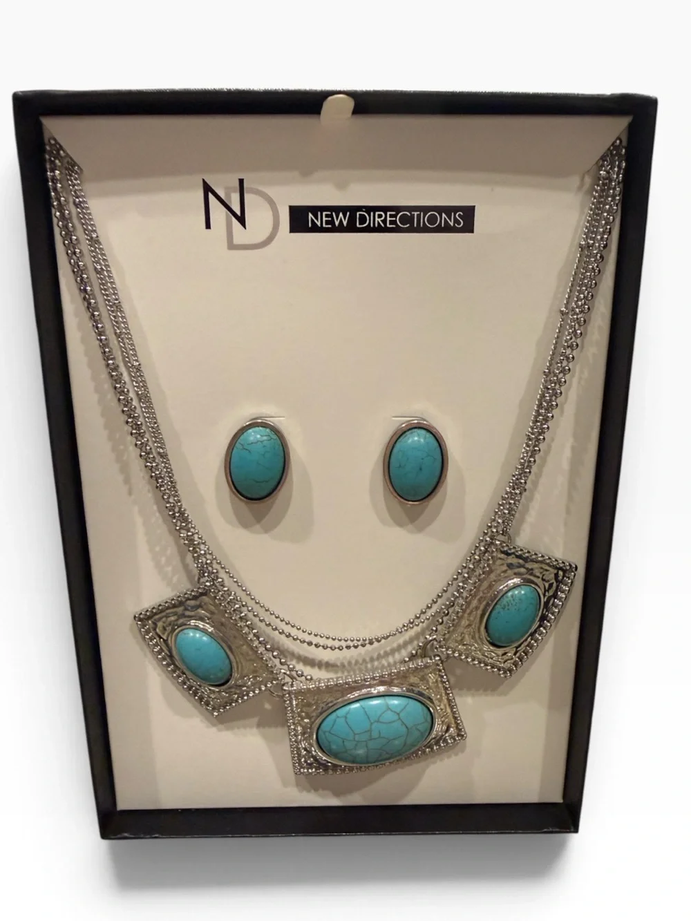 New Directions Faux Turquoise Statement Necklace Earrings Set Silver Western